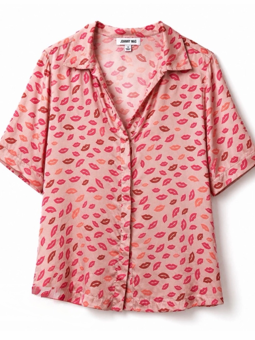 Johnny Was 100% Silk Pink Lip Print Button Up Pajama Top XSmall